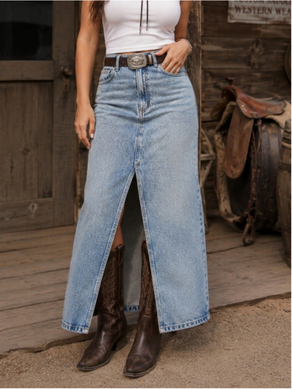 Dynamite High-Rise Denim Maxi Skirt with Front Slit - Light Wash (Size XS)